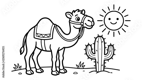 Camel standing near cactus plant in desert under shining sun outline drawing for children coloring book