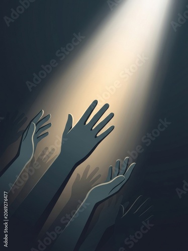 Silhouettes of hands reaching up toward a bright light beam vector illustration