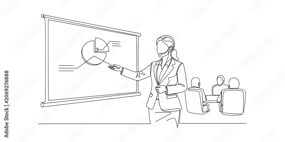 Fototapeta premium Businesswoman presenting pie chart data in a meeting.