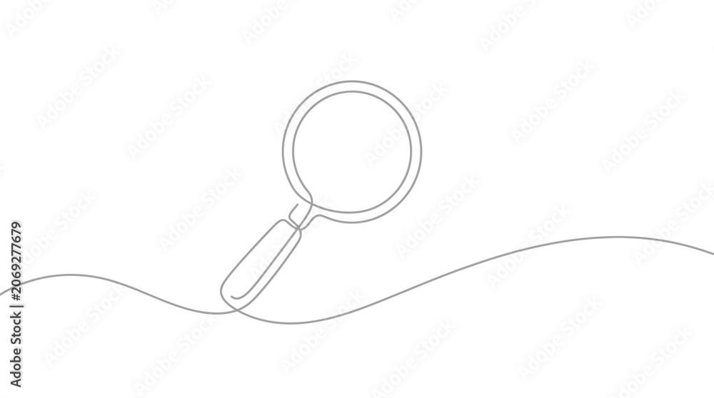 Obraz premium Continuous single line drawing of a magnifying glass on a clean white background, perfect for search icon, research presentation and minimalist web design