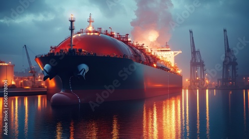 Gigantic LNG Tanker Ship Floating Near a Port at Night