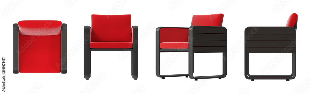 Obraz premium Modern armchair with red upholstery and dark wood accents, displayed from multiple angles