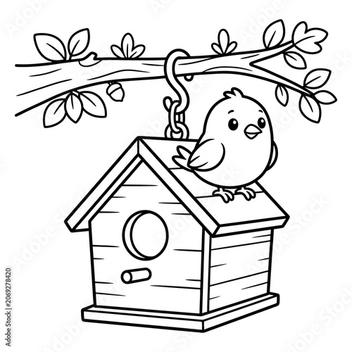 Little bird perched on a wooden birdhouse hanging from a tree branch with leaves coloring page