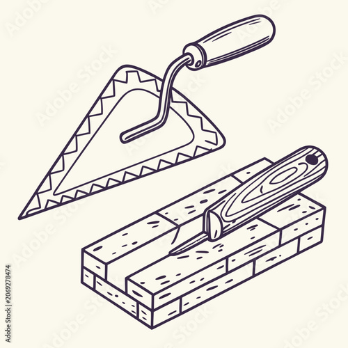 Construction masonry tools triangular trowel and brick laying set with construction building renovation architecture