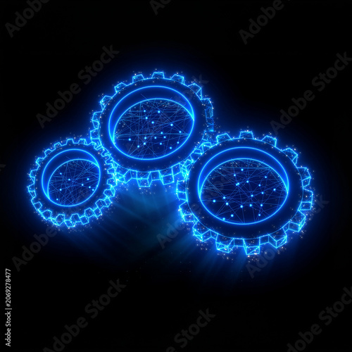 Glowing blue neon interlocking gears.