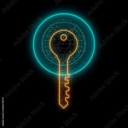 Glowing golden key in cyberpunk teal portal.