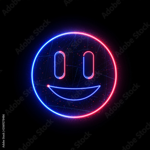 Glowing neon cyberpunk smiley with wireframe mesh and sparkling particles.