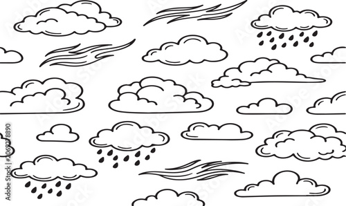 Hand Drawn Cloud and Rain Weather Set Vector Illustration.