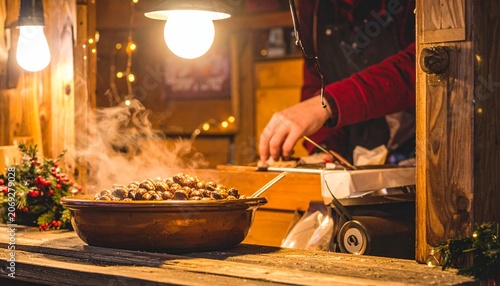 Steaming roasted chestnuts in a rustic bowl at a Christmas market stall