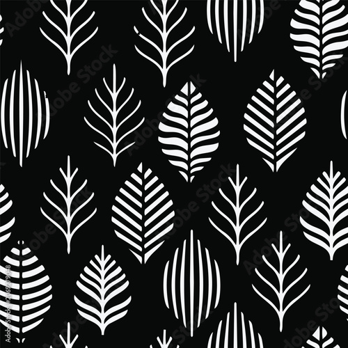 Modern repeating foliage design with monochrome leaf silhouettes. Minimalist botanical background perfect for fabric, wallpaper, and textiles.