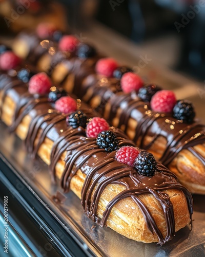 Hand decorated chocolate eclairs topped with fresh berries