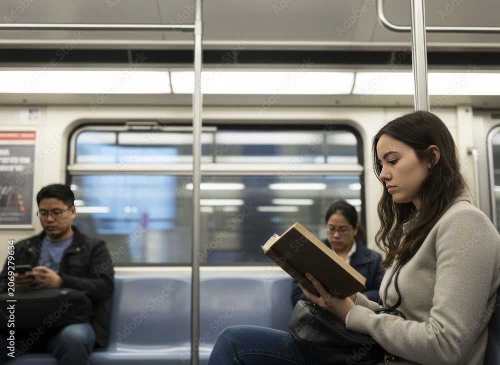 Fototapeta premium Young Woman Reading a Book on a Subway Train During a Quiet Urban Commute