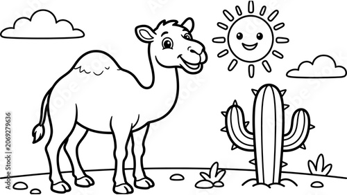 Line art of a cartoon camel standing in the desert with a smiling sun cactus and clouds
