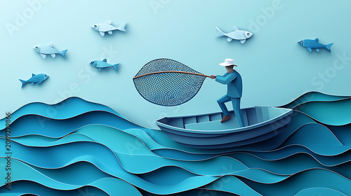 Man in boat catches fish with net among waves and fish