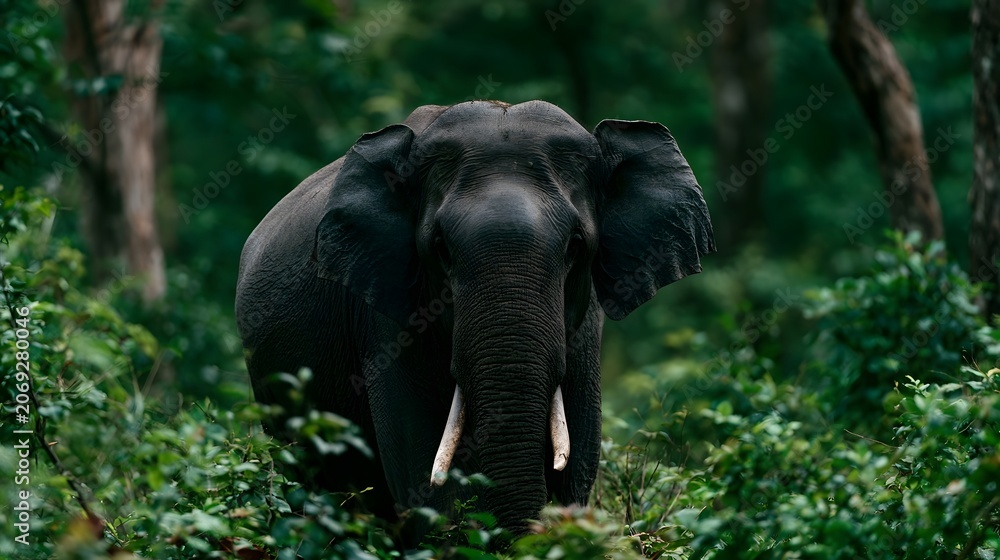 Obraz premium A majestic elephant moves through the dense vibrant jungle environment showcasing dynamic contrasts of light and shadow