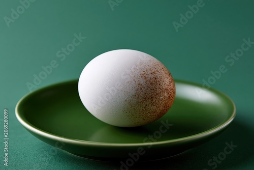 Egg placed on a green plate with a simple design and clear background at an indoor setting