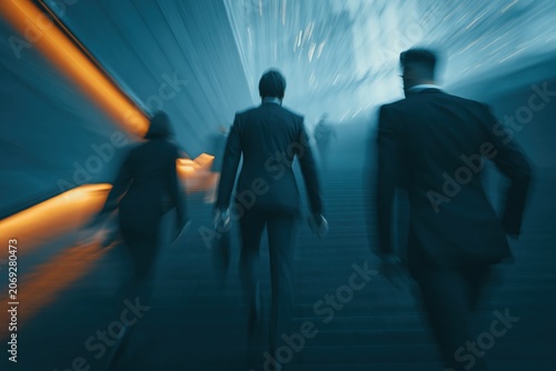 Business people walking up stairs in a city at night with lights and blurred motion