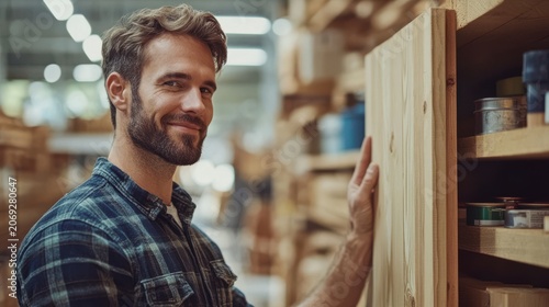 Happy carpenter with beard showing off a wooden panel