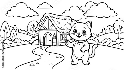 Line art cartoon cat waving standing in front of small countryside cottage house with winding path and clouds