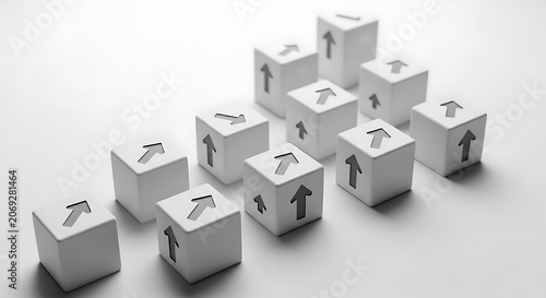 White cubes with arrows pointing up on a light gray surface