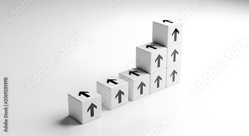 A stack of white cubes with black arrows on them arranged in a stair step pattern