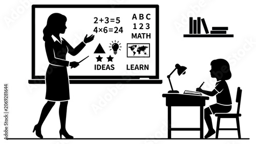 Teacher and Student Silhouettes Monochrome Flat Vector_26