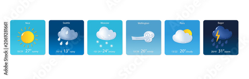 Day weather pictograms set for mobile app. Sunny, windy, rainy, thunderstorm, cloudy. Flat vector icons, Clean minimal style for weather app interface, forecast widget, ui design, mobile screen mockup