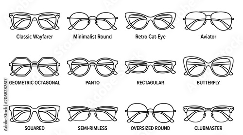 Fotografie Collection of twelve eyeglass frame styles outline vector illustration isolated