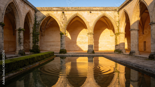 Gothic cloister reflecting pool, timeless medieval courtyard copy space