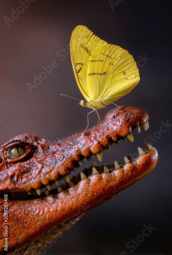 Close-up of a crocodile's head with a yellow butterfly perched on its snout