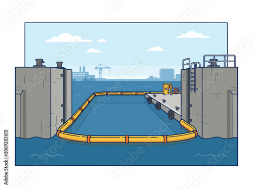 Quadro em tela Industrial waterfront infrastructure showcases containment system Clear blue wat