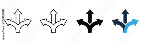 Direction arrow icon, branching paths illustration, strategic decision and option selection symbol, planning concept, alternative direction navigation, corporate growth and success metaphor design.