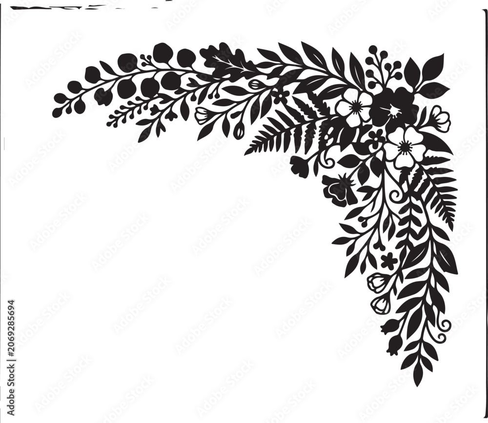 Fototapeta premium Floral Corner Ornament with Leaves and Flowers