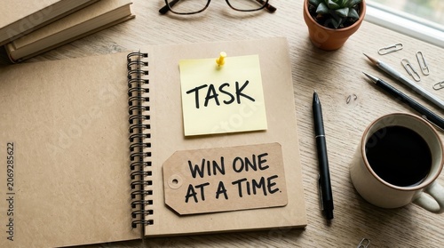 Notebook with sticky note reminding of tasks and winning one at a time