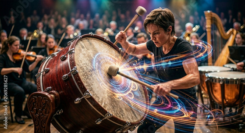 A dynamic action shot of a percussionist in a high-energy orchestral performance, capturing the moment of impact as the mallet strikes the bass drumhead