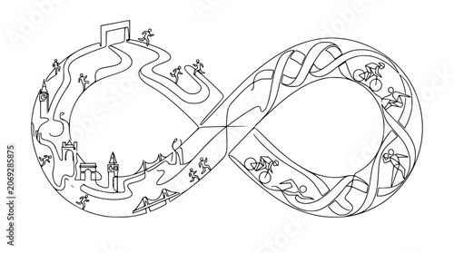 Photos Infinity loop showing journey from cityscape to cycling race, symbolizing endura
