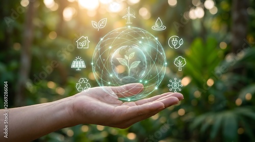 Hand Holding Virtual Planet and Green Energy Icons in Forest