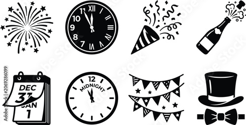 Photography New Year party icon set featuring black silhouettes of fireworks, countdown cloc