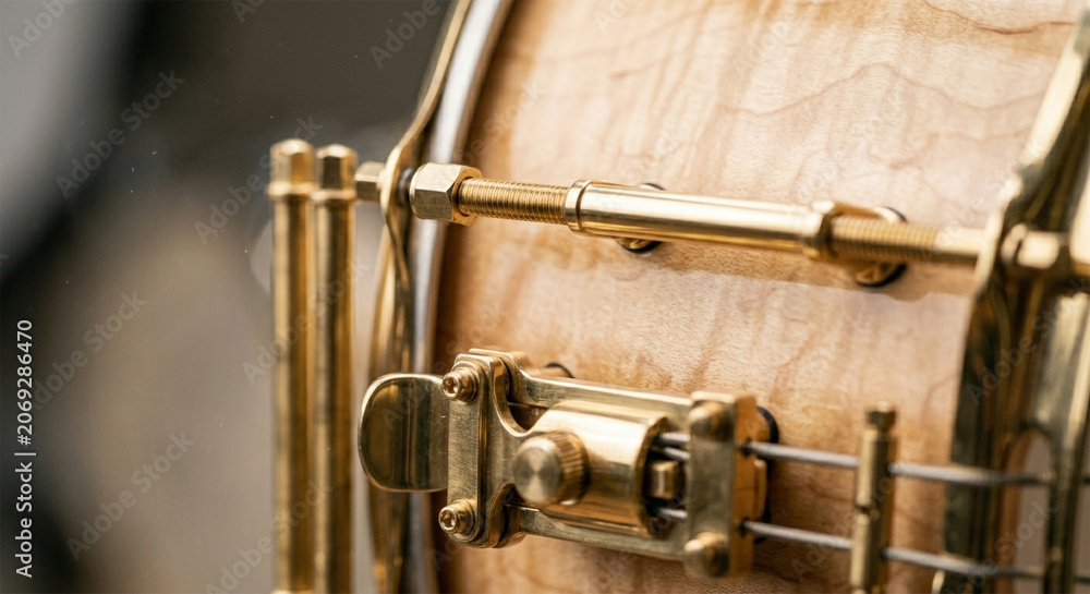 Fototapeta premium A macro close-up of a professional maple-shell snare drum, focusing on the crisp texture of the tension rods and the intricate mechanism of the snare strainer, illuminated