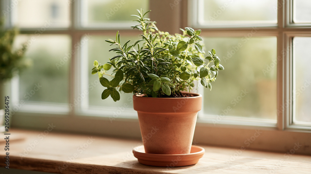 Fototapeta premium Fresh green herbs grow in a small clay pot on a wooden windowsill indoors during a bright day
