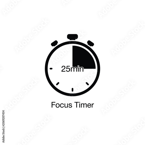 Slika na platnu Black stopwatch icon with twenty five minute timer display on a white background