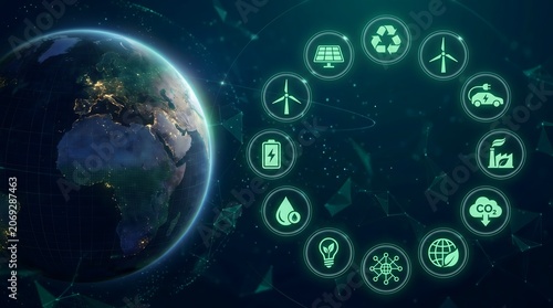 Circular Green Energy Icons Surrounding Earth Planet