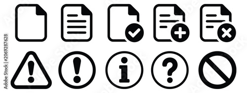 Obraz na płótnie Document management warning status icon set, bold outline paper file variations,