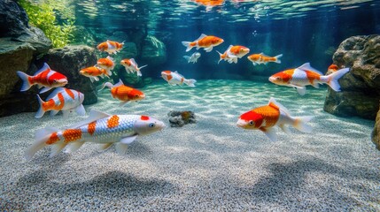 Koi fish swimming gracefully through clear aquarium water