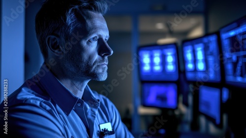 Serious man in a blue lit room focusing on computer screens