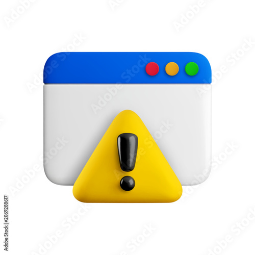 Vector cartoon minimal 3d web browser window warning sign concept. Realistic render of website page with yellow triangle exclamation mark message. System error report icon, network alert notification.