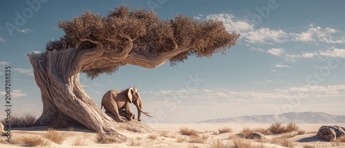 A solitary elephant rests beneath a large, sprawling desert tree