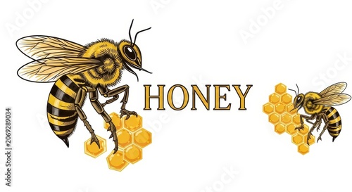 Two Bees Collecting Honey from Honeycomb Illustration.