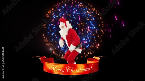 Santa Claus Dance with Merry Christmas ribbon, fireworks, Luma Matte