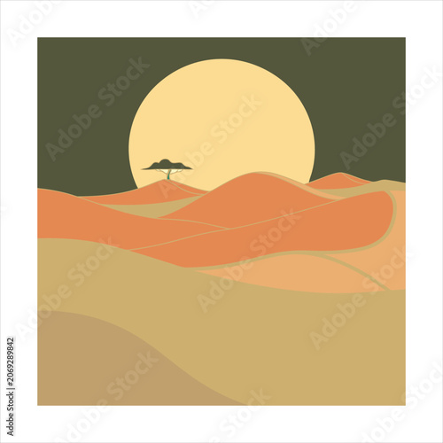 Φωτογραφία Minimalist desert landscape with lone tree and large sun landscape minimalist
